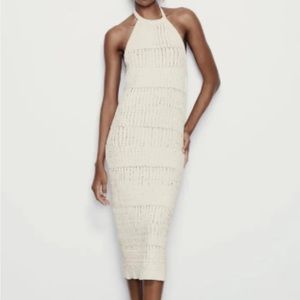 ZARA Halter White Cream Woven Knit Long Dress - Size M